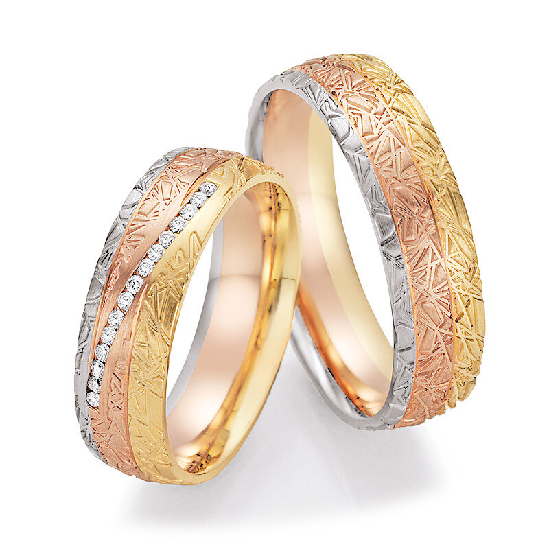 Trauringe Tricolor Sunrise Ruesch 66/44050 & 66/44060 Brillant strukturiert