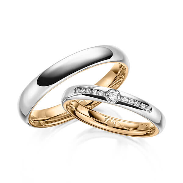 Paar Trauringe / Eheringe Innen Roségold 375/- , außen Weißgold 375/- zus. 0,160 ct, tw, si - RU-1645-13