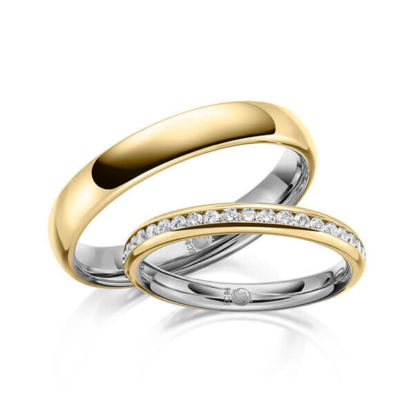 Paar Trauringe / Eheringe Innen Platin 600/- , außen Gelbgold 585/- zus. 0,285 ct, tw, si - RU-1643-9