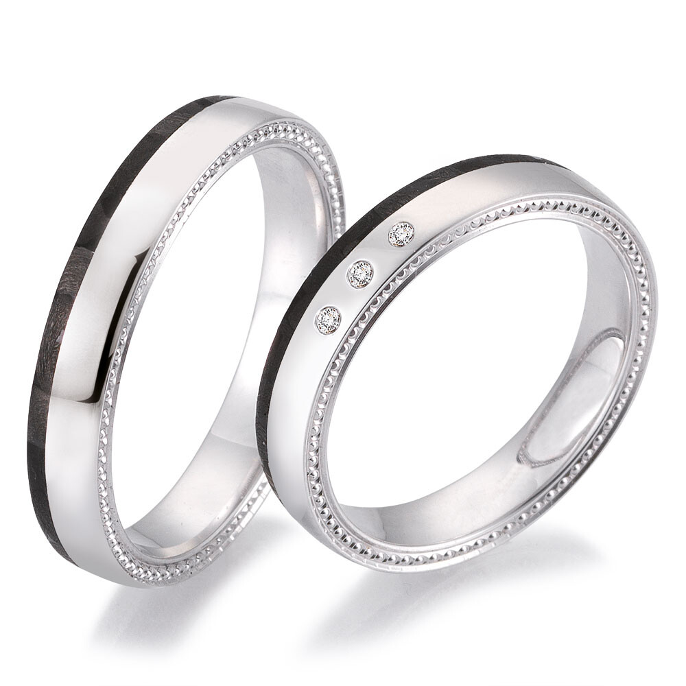 Trauringe Bicolor Breuning 48/06509 & 48/06510 Weißgold & Carbon mit Millgriff