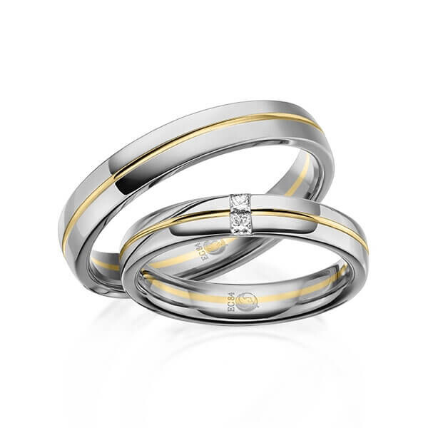 Paar Trauringe / Eheringe Graugold dunkel 375/- Gelbgold 375/- zus. 0,060 ct, tw, si - RU-1615-15