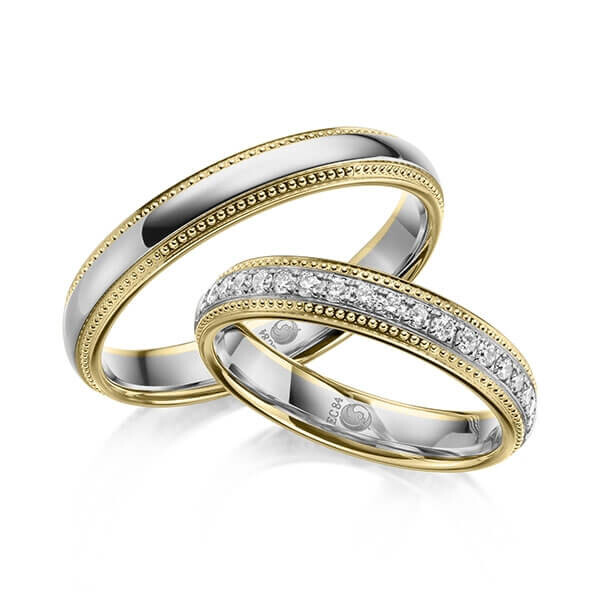 Paar Trauringe / Eheringe Gelbgold 585/- Palladium 585/- zus. 0,285 ct, tw, si - RU-1622-21