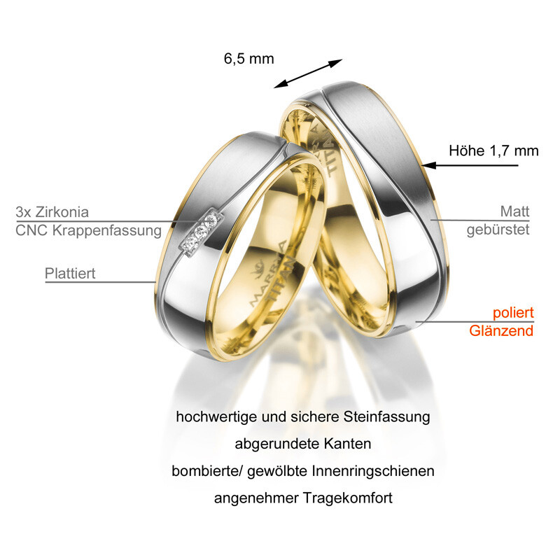 Trauringe / Partnerringe Titan Gelb Zirkonia Marrya TI-26 Info
