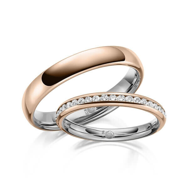 Paar Trauringe / Eheringe Innen Palladium 585/- , außen Rotgold 585/- zus. 0,285 ct, tw, si - RU-1643-16