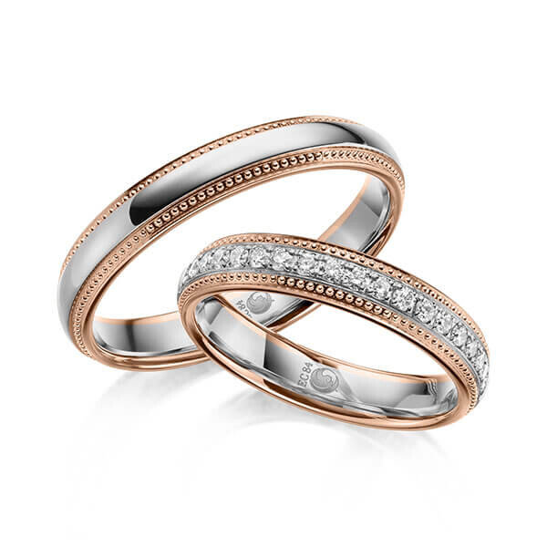 Paar Trauringe / Eheringe Rotgold 585/- Platin 600/- zus. 0,285 ct, tw, si - RU-1622-7