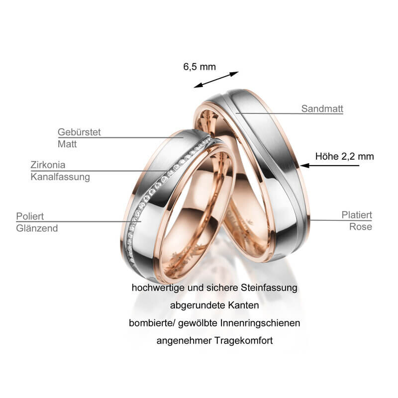 Trauringe Partnerringe Edelstahl Rotgoldplattierung Zirkonia Marrya ES-23 - Info