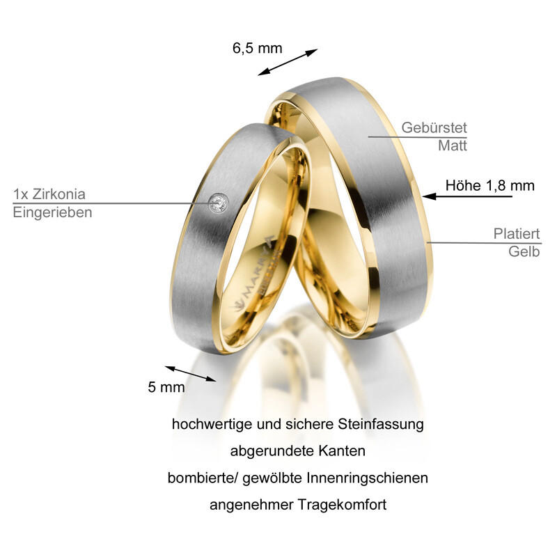 Trauringe Partnerringe Edelstahl Gelbgoldplattierung Zirkonia Marrya ES-14 - Info