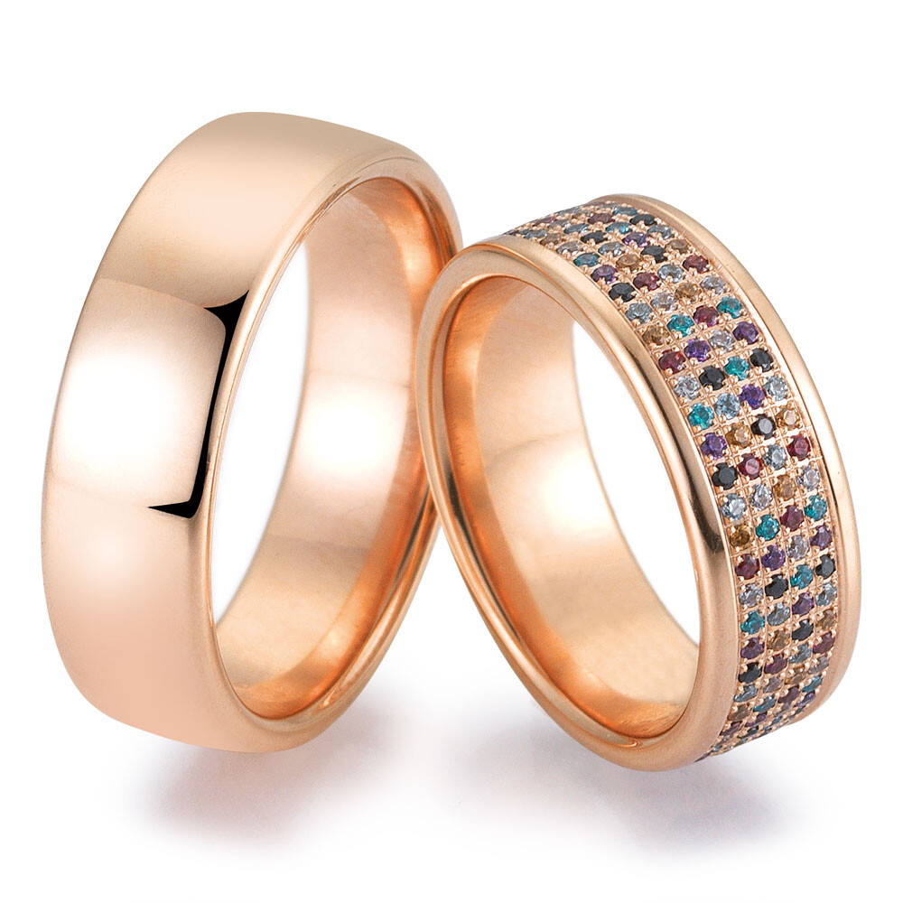 Trauringe Rotgold Breuning 48/06461 & 48/06462 farbige Brillanten