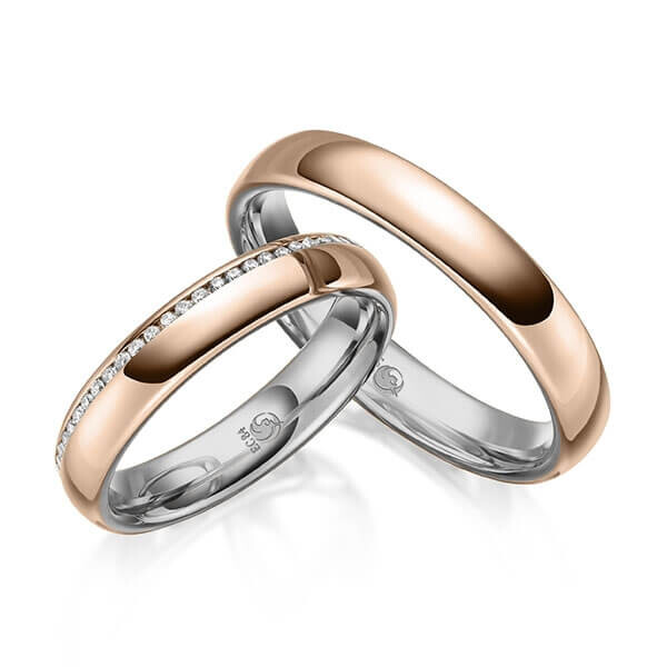 Paar Trauringe / Eheringe Innen Palladium 585/- , außen Rotgold 585/- zus. 0,145 ct, tw, si - RU-1640-15