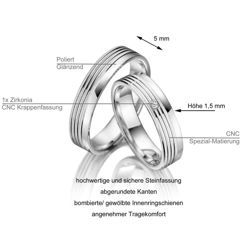 Trauringe Partnerringe Sterlingsilber 925 Zirkonia Marrya SI-03 Info