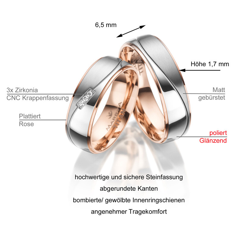 Trauringe / Partnerringe Titan Rosé Zirkonia Marrya TI-25 Info