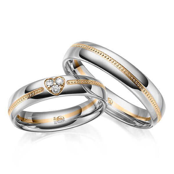 Paar Trauringe / Eheringe Palladium 950/- Roségold 585/- zus. 0,075 ct, tw, si - RU-1646-16