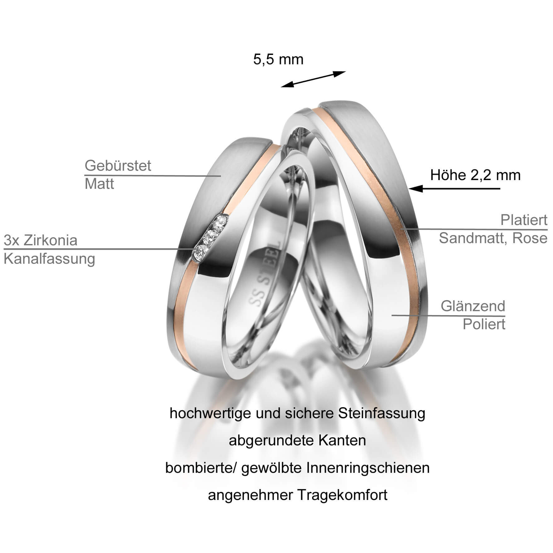 Trauringe Partnerringe Edelstahl Rotgoldplattierung Marrya ES-11 - Info
