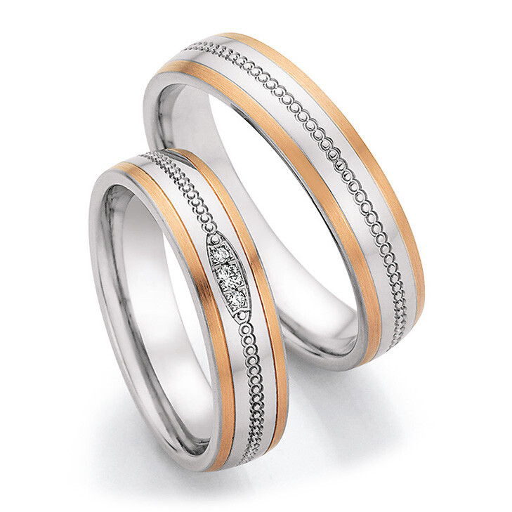 Trauringe Edelstahl-Rotgold 585 88/24090 & 88/24100 mit Millgriff Dekor Perlfuge