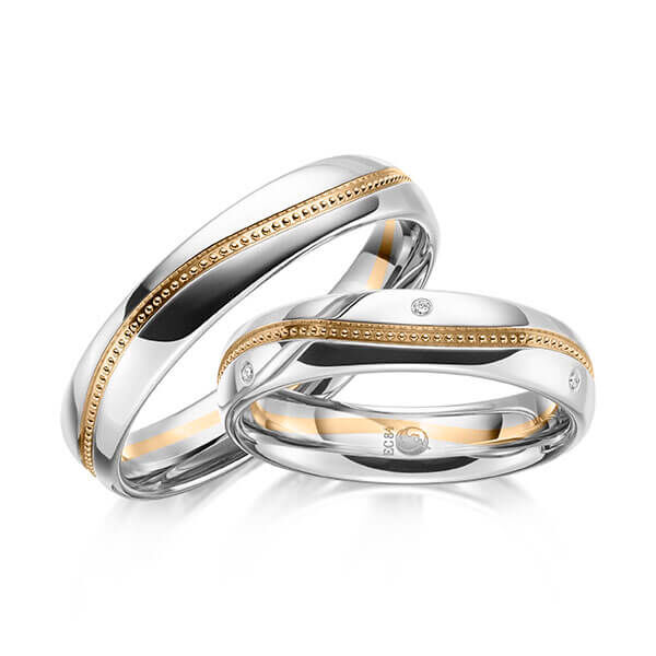 Paar Trauringe / Eheringe Palladium 950/- Roségold 585/- zus. 0,030 ct, tw, si - RU-1627-16
