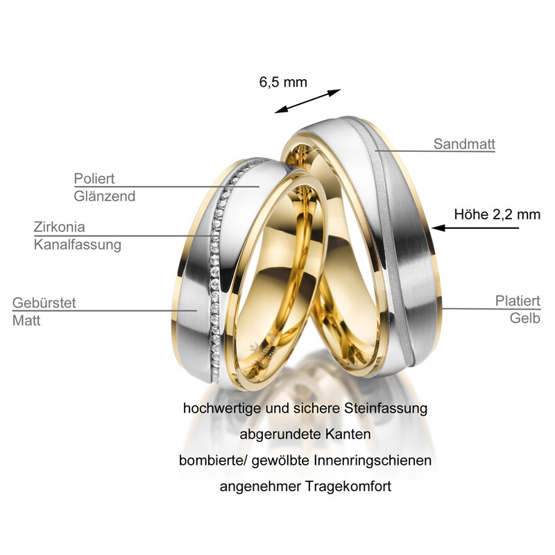 Trauringe Partnerringe Edelstahl Gelbgoldplattierung Zirkonia Marrya ES-22 - Info