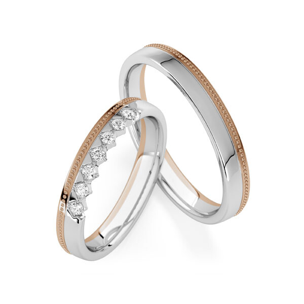 Trauringe mit Millgriff/Perlfuge Peach-Gold Palladium Rubin RU-1840