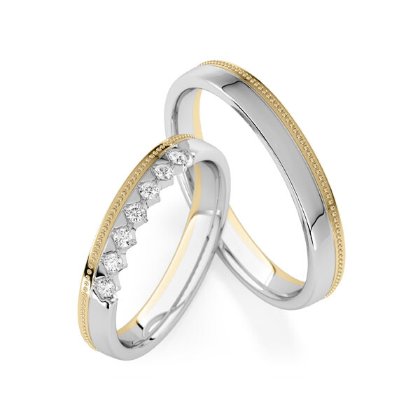 Trauringe mit Millgriff/Perlfuge Gelbgold Platin Rubin RU-1840