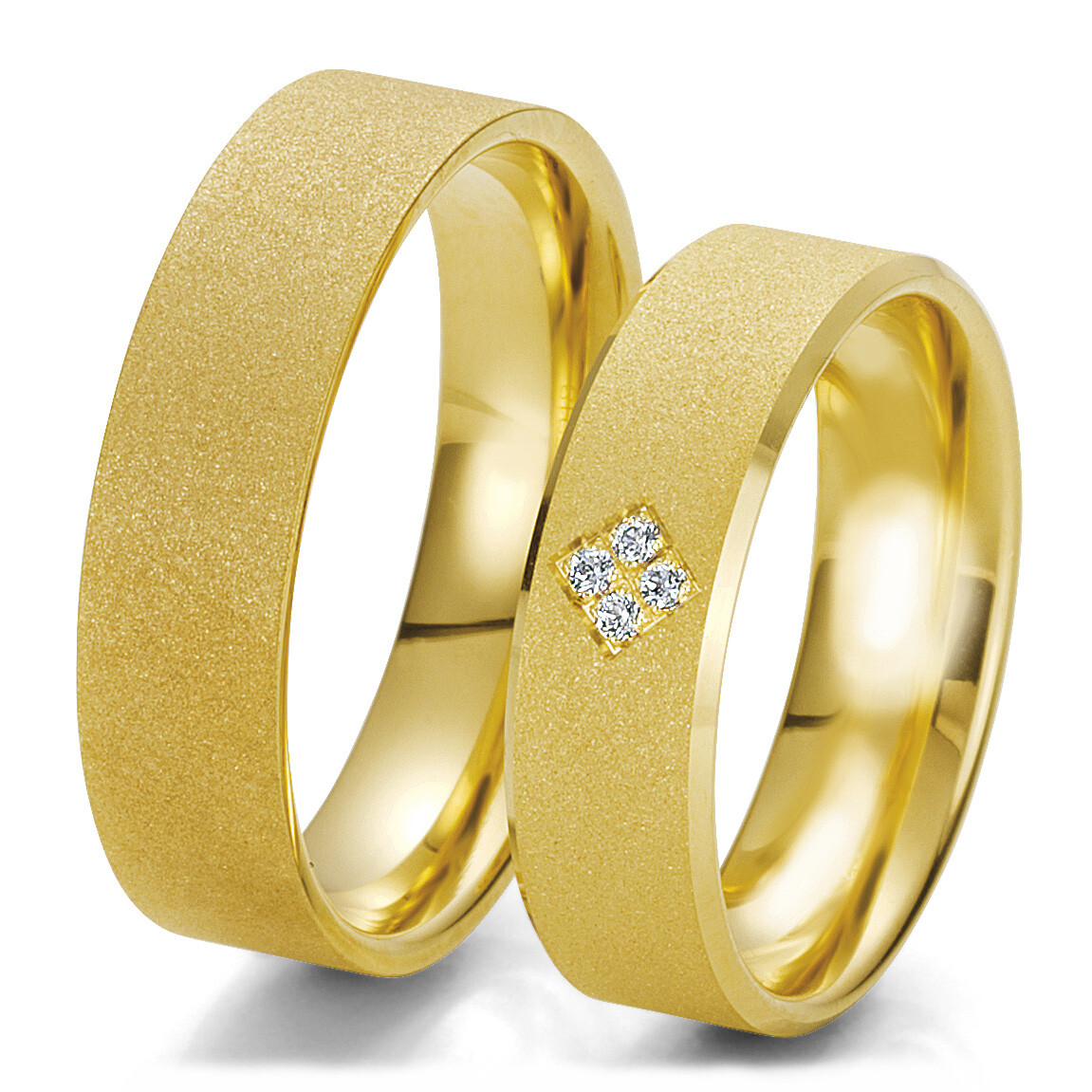 Breuning Trauringe 48/06217 Gelbgold sandmatt mit Diamanten in einer Raute gefasst