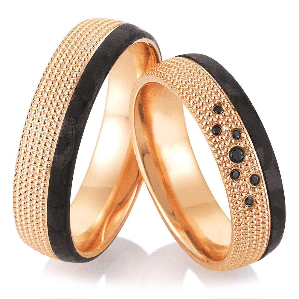 Trauringe Bicolor Breuning 48/06503 & 48/06504 Rotgold & Carbon mit Millgriff