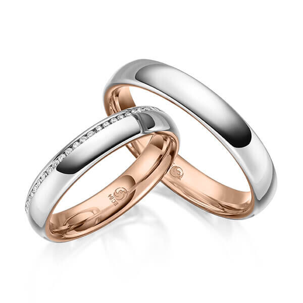 Paar Trauringe / Eheringe Innen Rotgold 333/- , außen Weißgold 333/- zus. 0,145 ct, tw, si - RU-1640-12