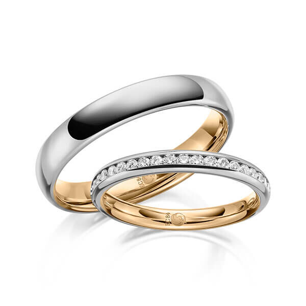 Paar Trauringe / Eheringe Innen Roségold 585/- , außen Graugold 585/- zus. 0,285 ct, tw, si - RU-1643-11